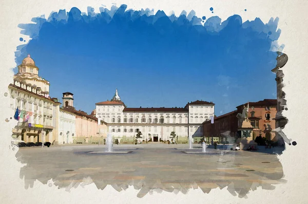 Disegno Acquerello Del Palazzo Reale Della Chiesa San Lorenzo Piazza — Foto Stock