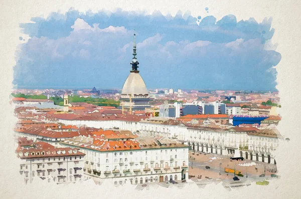 Akvarell Ritning Antenn Topp Panoramautsikt Över Turin Centrum Skyline Med — Stockfoto