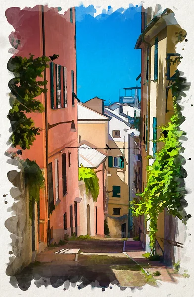 Watercolor drawing of Stairway between multicolored buildings with colorful walls and green plants on narrow street in old quarter of historical centre of european city Genoa Genova, Liguria, Italy