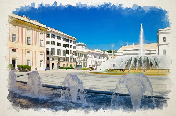 Desenho Aquarela Praça Raffaele Ferrari Com Fonte Palácio Doge Palazzo — Fotografia de Stock