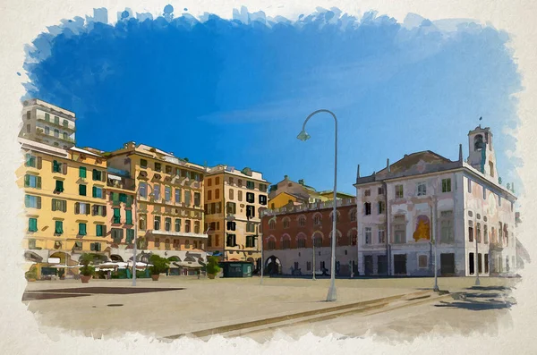 Aquarel Tekening Van Rij Van Kleurrijke Gebouwen Palazzo San Giorgio — Stockfoto