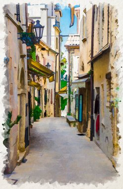 Tipik İtalyan kaldırım taşı sokağının suluboya çizimi. Geleneksel binalar ve eski tarihi kent San Marino 'nun duvarlarında yeşil bitkiler olan evler.