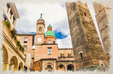 Bologna Le Due Torri 'nin iki ortaçağ kulesinin suluboya resimleri: Asinelli ve Garisenda ve Chiesa di San Bartolomeo Gaetano kilisesi, eski tarihi kent merkezinde, Emilia-Romagna, İtalya