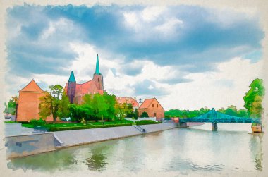 Aziz 'in suluboya çizimi. Peter ve Paul Kilisesi, Collegiate Church of Holy Cross, Oder nehri üzerindeki çimenli sokak ve Tumski köprüsü Wroclaw, Polonya 'nın eski tarihi şehir merkezinde.