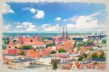 Wroclaw 'ın eski tarihi şehir merkezinin gökyüzü panoramik manzarasının suluboya çizimi: Ostrow Tumski ile Kutsal Haç Collegiate Katolik Kilisesi, Aziz John Katedrali, Polonya
