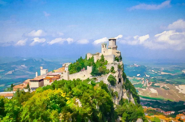 Desenho Aquarela República San Marino Prima Torre Guaita Primeira Torre — Fotografia de Stock