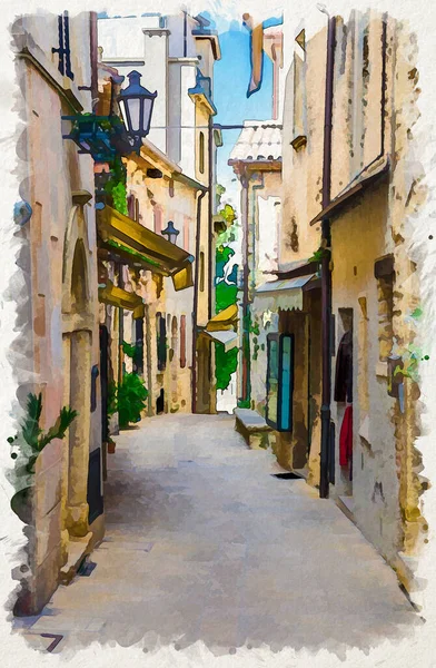 Акварельный Рисунок Типичной Итальянской Булыжной Улицы Традиционными Зданиями Домами Зелеными — стоковое фото
