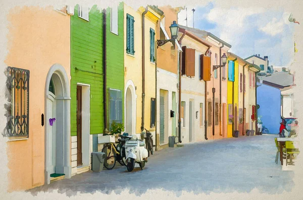 Dibujo Acuarela Edificios Antiguos Típicos Italianos Con Coloridas Paredes Multicolores — Foto de Stock