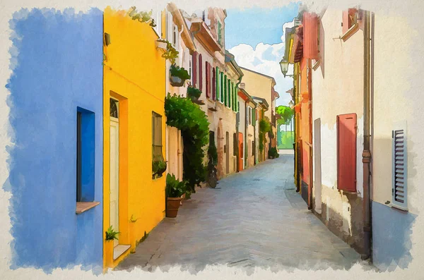 Акварельный Рисунок Типичной Итальянской Булыжной Улицы Красочными Зданиями Традиционные Дома — стоковое фото