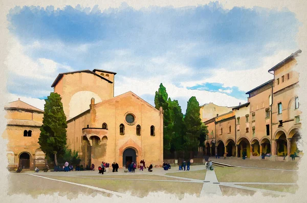 Aquareltekening Van Abdij Van Santo Stefano Basiliek Dei Protomartiri San — Stockfoto