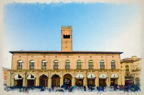 Akvarell Ritning Palazzo Enzo Palats Byggnad Piazza Maggiore Torget Och — Stockfoto
