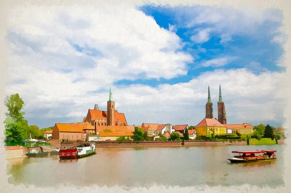 Wroclaw 'ın suluboya çizimi: Ostrow Tumski' nin panoramik görünümü: Collegiate Church Holy Cross ve St. Bartholomew, Cathedral St. John the Baptist ve tarihi şehir merkezinde Odra Oder nehrindeki tekneler