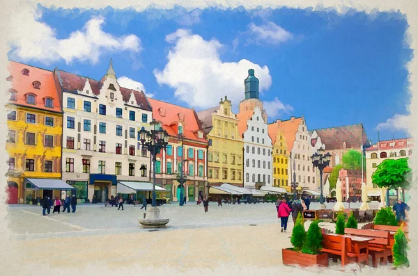 Dibujo Acuarela Wroclaw Fila Coloridos Edificios Tradicionales Con Fachadas Arte — Foto de Stock
