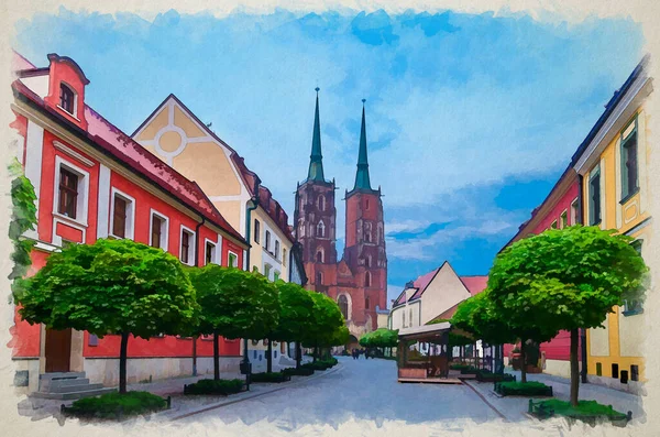 Watercolor Drawing Street Cobblestone Road Green Trees Colorful Buildings Cathedral — Stock Photo, Image
