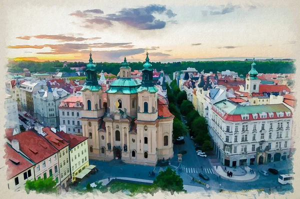 Aquarell Zeichnung Von Top Luftaufnahme Des Prager Altstädter Ring Stare — Stockfoto