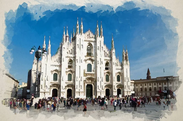 Dibujo Acuarela Milán Duomo Milano Catedral Con Agujas Multitud Personas —  Fotos de Stock