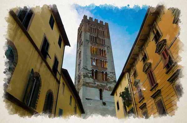 Dibujo Acuarela Del Campanario Chiesa San Frediano Iglesia Católica Vista — Foto de Stock