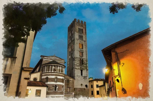 Desenho Aquarela Torre Sino Igreja Católica Chiesa San Frediano Construção — Fotografia de Stock