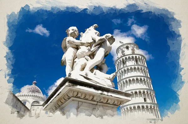 Watercolor Drawing Putti Fountain Pisa Cathedral Duomo Cattedrale Leaning Tower — стокове фото