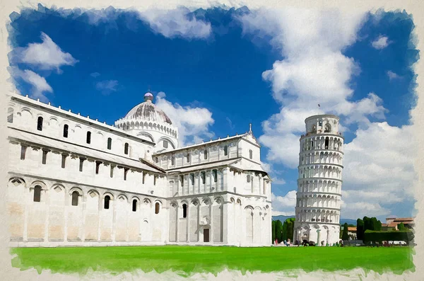 Akvarel Kresba Katedrály Pisa Duomo Cattedrale Štíhlá Věž Torre Náměstí — Stock fotografie