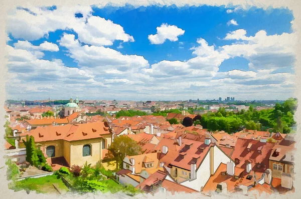 Aquarell Zeichnung Von Top Luftbild Des Historischen Stadtzentrums Von Prag — Stockfoto