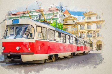 Çek Cumhuriyeti 'nin Bohemya ilçesi Mala Strana ilçesinde, Sternberg Sarayı yakınlarındaki Prag şehrinin caddelerinde tramvay durağı yakınlarındaki rayların üzerindeki Tipik eski klasik tramvayın suluboya çizimi