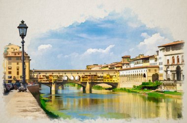 Arno Nehri üzerindeki renkli binalarla Ponte Vecchio taş köprüsünün suluboya çizimi Floransa 'nın tarihi merkezi Toskana' daki su ve set geçidini yansıtıyor.
