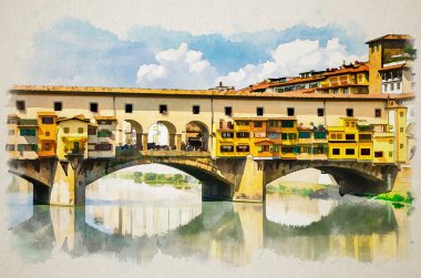Arno Nehri üzerindeki renkli binalarla Ponte Vecchio taş köprüsünün suluboya çizimi Floransa 'nın tarihi merkezinde suyu yansıtıyor, mavi gökyüzü beyaz bulutları, Toskana, İtalya