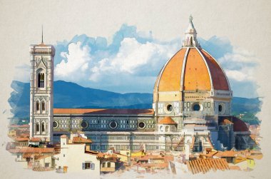 Duomo Cattedrale di Santa Maria del Fiore katedrali ile Floransa 'nın en tepedeki panoramik manzarasının suluboya çizimi, turuncu kiremit çatılı evler ve mavi gökyüzü, Toskana, İtalya