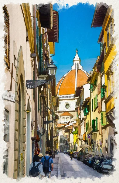 Dibujo Acuarela Cúpula Florencia Duomo Cattedrale Santa Maria Del Fiore — Foto de Stock