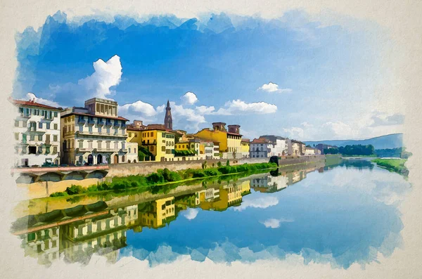 Dibujo Acuarela Del Río Arno Azul Que Refleja Agua Los — Foto de Stock