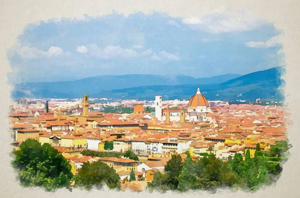 意大利托斯卡纳市 圣玛莉亚德尔菲奥雷主教座堂的多摩大教堂 有橙色红色砖瓦屋顶和山脉的建筑物的顶部鸟瞰全景水彩画 — 图库照片