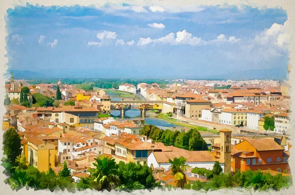 Akvarell Ritning Top Antenn Panoramautsikt Över Florens Stad Med Ponte — Stockfoto