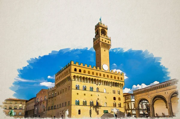 Dibujo Acuarela Del Palacio Palazzo Vecchio Con Campanario Loggia Dei —  Fotos de Stock