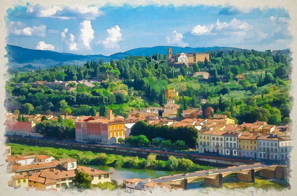意大利托斯卡纳 佛罗伦萨市 阿尔诺河上的桥梁 蓝天白云背景的绿山全景水彩画 — 图库照片