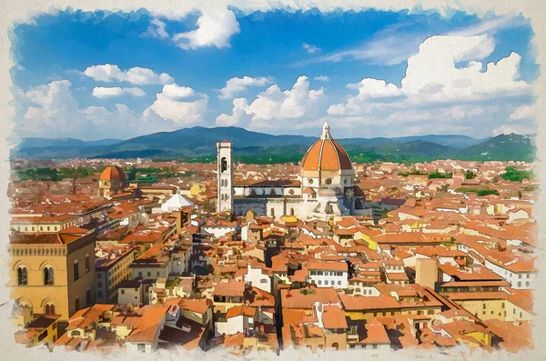 Akvarell Ritning Top Antenn Panoramautsikt Över Florens Stad Med Duomo — Stockfoto