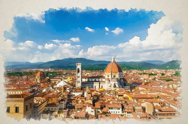 Akvarell Ritning Top Antenn Panoramautsikt Över Florens Stad Med Duomo — Stockfoto