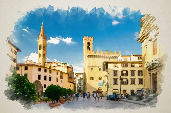 이탈리아 피렌체의 수채화 2018 Piazza San Firenze Square Chiesa San — 스톡 사진