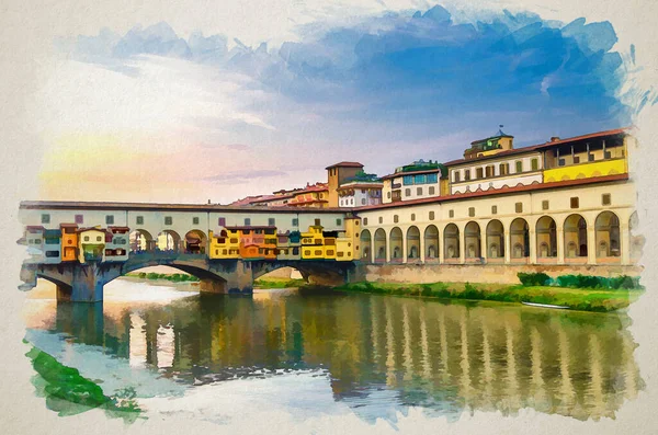 Akvarell Ritning Ponte Vecchio Bron Med Färgglada Byggnader Hus Över — Stockfoto