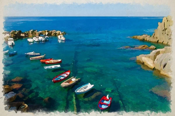 Watercolor drawing of Fishing colorful boats on transparent water in small harbor of Riomaggiore village National park Cinque Terre, Ligurian Sea, coastline of Riviera di Levante, Liguria, Italy