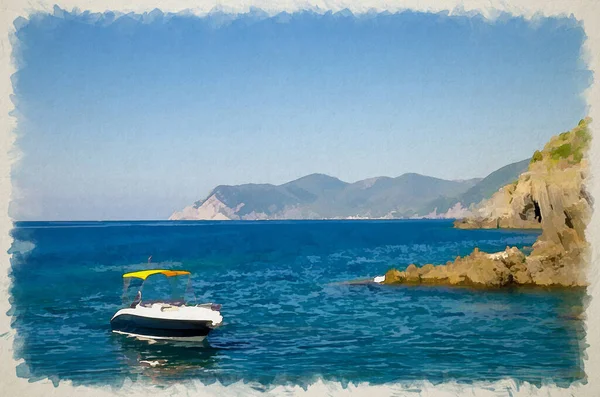 意大利利古里亚利古里亚国家公园Cinque Terre Coast的Riviera Levante海岸线附近的利古里亚和地中海水域的游艇水彩画 — 图库照片