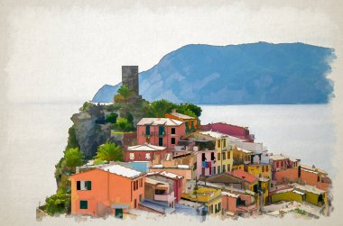 Ulusal Park Cinque Terre 'deki geleneksel İtalyan köyünün suluboya resimleri renkli binalar ve uçurum, Ligurian Denizi, Liguria, İtalya' daki Castello Doria şatosu.