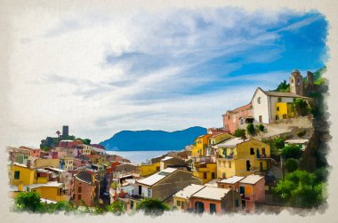 Tipik renkli binaları olan Vernazza köyünün suluboya resimleri, kaya ve Ceneviz Körfezi 'ndeki Castello Doria kalesi, Ligurian Denizi, Ulusal Park Cinque Terre, Liguria, İtalya