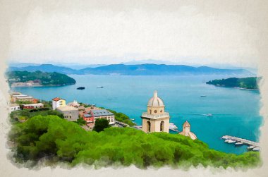 Spezia Körfezi turkuvaz suyunun üst hava manzarasının suluboya çizimi, Portovenia kasabası, Palmaria adası, Liguria denizi, Riviera di Levante, Liguria, İtalya 'daki Chiesa di San Lorenzo kilisesi.
