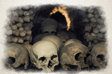 İnsan kemikleri ve kafataslarının suluboya çizimi. Kurukafalar sırası. Kafatası koleksiyonu. Ölümün, korkunun ve kötülüğün sembolü. Kutna Hora 'daki Kostnice Kilisesi.
