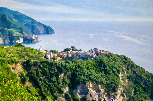 岩崖とManarola ジェノヴァ湾 リグーリア海 青い空 国立公園チンクテレ リグーリア イタリアのカラフルな建物とCornigliaの伝統的なイタリアの村の水彩画 — ストック写真
