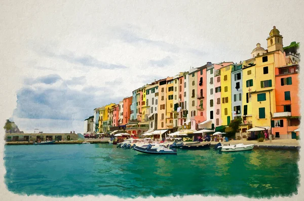 ポルトガル沿岸の町の村やリグーリア海 リビエラ レバンテ スペツィア リグーリア イタリアの港でボートのカラフルな多色の建物の行の水彩画 — ストック写真