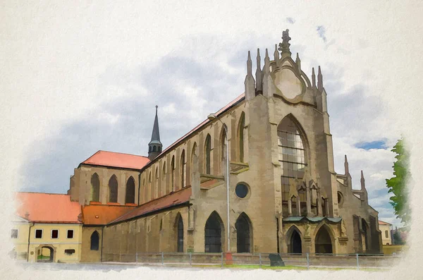 Watercolor drawing of The Church of the Assumption of Our Lady and Saint John the Baptist at Sedlec is a Gothic and Baroque Gothic church building in Kutna Hora town, Czech Republic