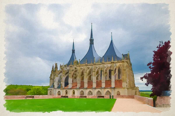 Watercolor drawing of Saint Barbara\'s Church Cathedral of St Barbara Roman Catholic church Gothic style building in Kutna Hora historical Town Centre, Central Bohemian Region, Czech Republic