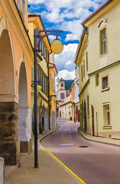 Watercolor drawing of Narrow street in Kutna Hora historical Town Centre with cobblestone road, old style colorful buildings and street lights lamp, blue sky, Central Bohemian Region, Czech Republic